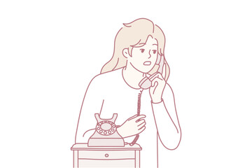 Young woman speak on old corded phone at home. Female have conversation on landline telephone. Communication and call. Vector illustration.
