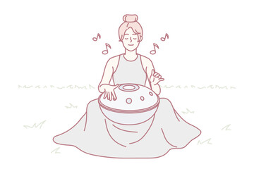 Young woman sit on grass outdoors play on traditional musical instrument meditating. Female yogi use harmony handpan or drum for meditation. Spiritual. Vector illustration.