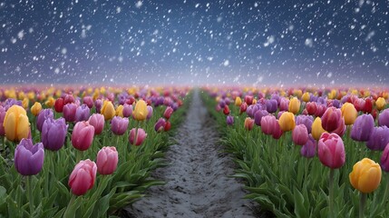 A surreal field of vibrant tulips in bloom with rows stretching towards a dark snowy night sky