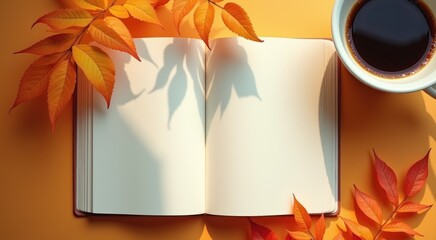 An open book with a cup of coffee and leaves on a table