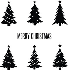 Obraz premium Set of six black Christmas tree silhouette icons with stars and ornaments, featuring a modern flat vector design for holiday greeting card backgrounds.