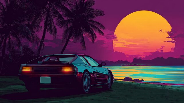 Retrowave scene featuring a futuristic car parked on a neon beach under glowing sunset tones, highlighting 80s sci-fi style, vibrant gradients, surreal atmosphere, and nostalgic cyber aesthetics