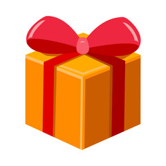 Gift box with red ribbon and bow. For greeting cards, stickers, party invites, holiday banners, shopping promos and seasonal decor.