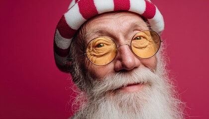 Elderly gentleman with long white beard wears round yellow tinted glasses and striped cap against vibrant backdrop