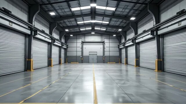 Spacious empty industrial warehouse interior with multiple roll-up doors and concrete floor.