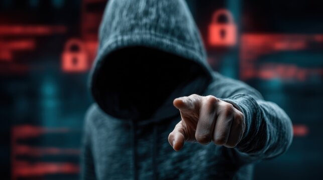 Mysterious Figure in Hoodie Pointing with Mysterious Background