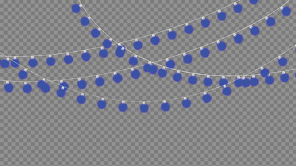 String of blue christmas lights glowing on a transparent background