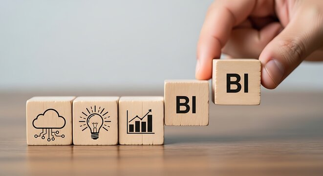 Hand stacking wooden blocks with bi text and business icons representing growth and data analysis