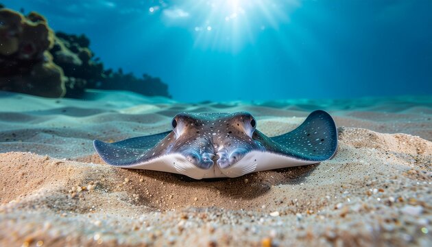 A stingray rests on the sandy seabed, facing the camera, with sunlight filtering through the clear blue water above.