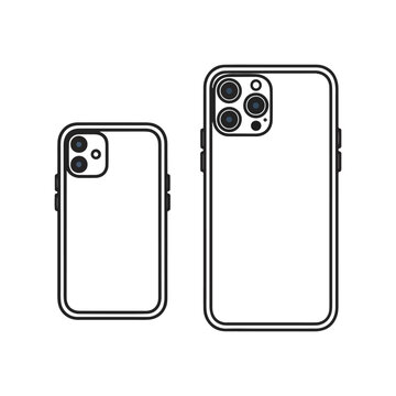 Two smartphones, one smaller, one larger, featuring a camera array, outlined in black on white background.