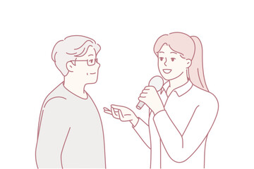 Female journalist with microphone interview elderly man in park. Woman with mic talk with old male on street. Vector illustration.