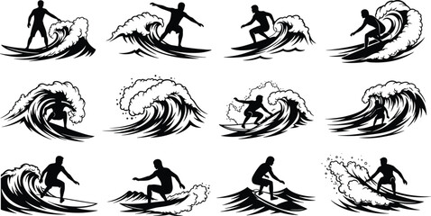 Dynamic surfer silhouette collection riding powerful ocean waves, extreme water sports action illustration set for summer beach design, surfing movement artwork themes