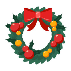 Christmas wreath with holly leaves, red bow and round berries. For greeting cards, stickers, posters, seasonal decor, gift tags and holiday banners.