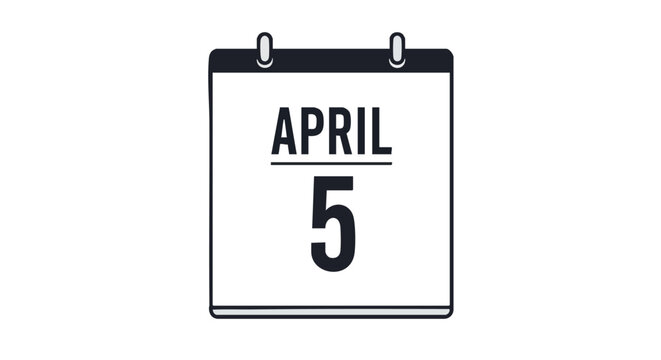 Simple vector calendar icon illustration showing date of april 5 for events and planning in black and white design