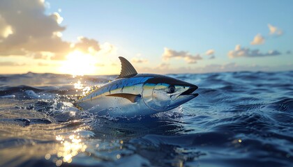 A large fish leaps out of the ocean water with the sun setting in the background.