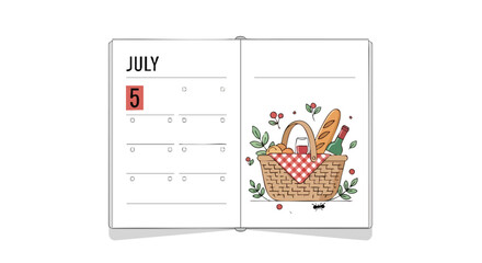 Illustrative picnic planning concept, calendar showing July 5th with a basket, wine and baguette suggesting outdoor gathering invitation idea