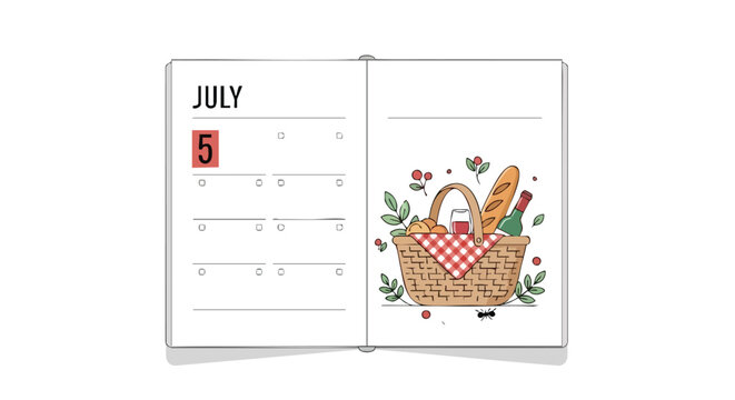 Illustrative picnic planning concept, calendar showing July 5th with a basket, wine and baguette suggesting outdoor gathering invitation idea
