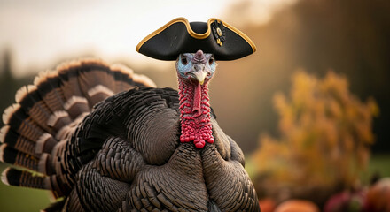 Close-up of a turkey wearing a hat, festive autumn background, conceptual image for Thanksgiving or fall harvest, humor and uniqueness