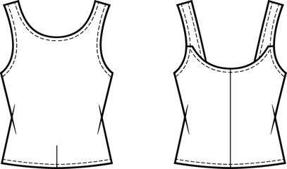 Sleeveless top flat sketch, scoop neckline, dart detail, technical fashion drawing, front and back view, garment design template, vector
