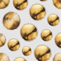 Seamless pattern of watercolor illustrations of round golden coins with dark abstract markings on a light gray background
