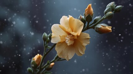 A delicate yellow flower with multiple buds gently blooms against a dark blurred background with falling snow specks