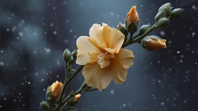 A delicate yellow flower with multiple buds gently blooms against a dark blurred background with falling snow specks