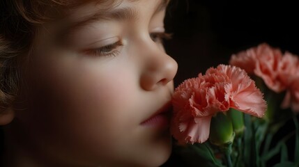 A young child s profile is softly illuminated as they gently inhale the sweet fragrance of vibrant pink carnations