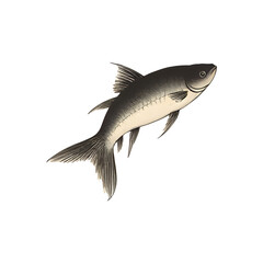 Little fishes hand drawn with ink on white glowing background. Traditional oriental ink painting sumi-e, u-sin, go-hua. Contains hieroglyph - double luck