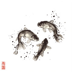 Little fishes hand drawn with ink on white glowing background. Traditional oriental ink painting sumi-e, u-sin, go-hua. Contains hieroglyph - double luck