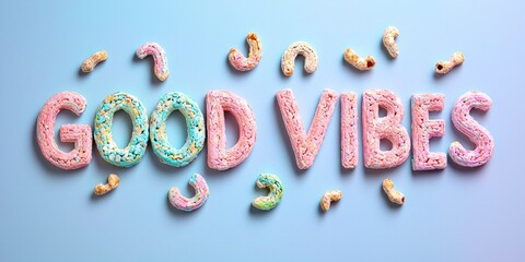 A colorful, playful arrangement of cereal letters spelling out the word 'GOOD VIBES' with a mix of pastel and bright colors, set against a blue background with scattered cereal pieces.