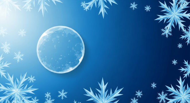 Blue gradient backdrop with geometric snowflake decorations and circular glassy frame, representing winter season, holidays, and festive atmosphere, blank space