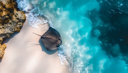 Aerial view of a stingray on a white sandy beach, with turquoise water and rocky shoreline.