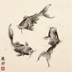 Little fishes hand drawn with ink on white glowing background. Traditional oriental ink painting sumi-e, u-sin, go-hua. Contains hieroglyph - double luck