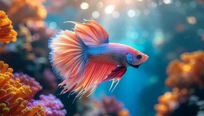 A vibrant Siamese fighting fish swims gracefully among colorful coral formations underwater.