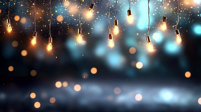 A string of vintage Edison light bulbs hang in front of a blurred background of bokeh lights and glitter.