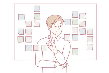 Businessman stand near board brainstorm work with sticky notes. Male employee engaged in creative thinking in office. Vector illustration.