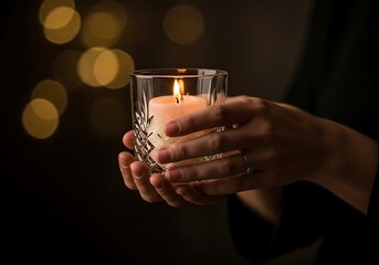 Close up of hands holding a lit candle in a glass holder with soft bokeh lights in the background