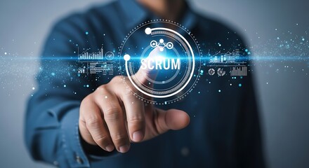 Businessman touching a virtual screen displaying the word scrum with futuristic interface elements and data visualization
