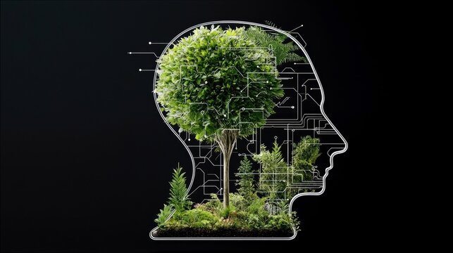 A human head silhouette is filled with a miniature forest and digital circuit patterns, symbolizing the connection between nature and technology.