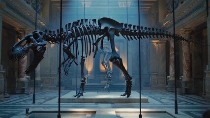Children Observing a Large Tyrannosaurus Rex Skeleton Display in a Museum Hall Keywords: children, museum, dinosaur, skeleton, T- Rex