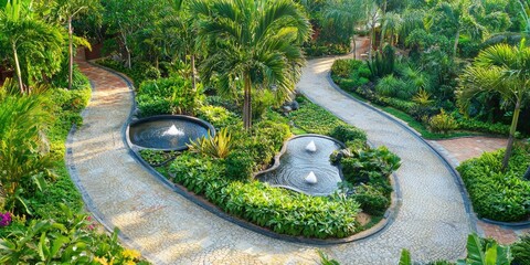 A winding path through a lush, tropical garden with fountains, palm trees, and a variety of greenery.
