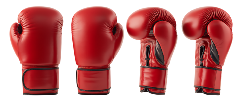 Red boxing gloves resting side by side on a plain background, perfect for training or competitive matches in the sport
