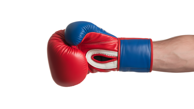 Red and blue boxing gloves punching to the right. isolated on transparent background.

