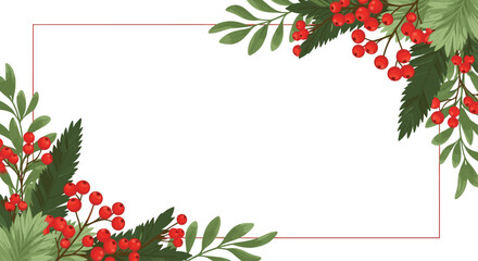 Beautiful Christmas or winter holiday frame with green leaves pine branches and red berries in the corners for festive cards.