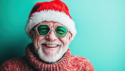 Elderly gentleman wearing festive attire and novelty eyewear smiles brightly against a solid backdrop