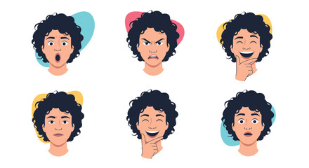 Set of a young man with curly dark hair showing six different facial expressions including surprise anger and happiness.