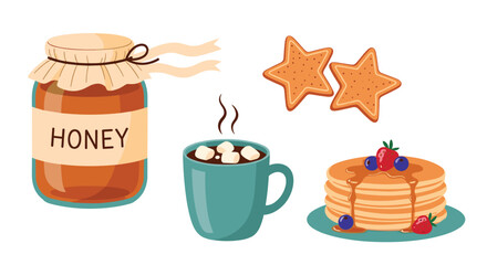 Collection of sweet breakfast and dessert items including a honey jar pancakes hot cocoa and star-shaped cookies vector illustration.