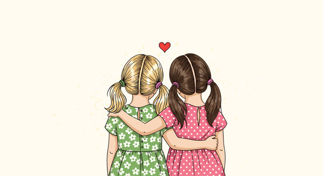 A heartwarming illustration of two young girls who are best friends hugging from behind with a small red heart above them.