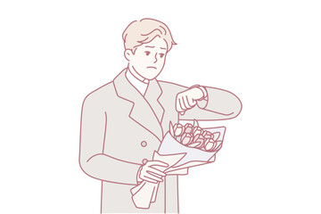 Upset young man holding flowers look at clock waiting for female date. Unhappy stressed male with bouquet check time before meeting with lover. Vector illustration.