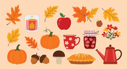 Large collection of cute autumn-themed elements including pumpkins leaves pie apples and a hot drink on a beige background.